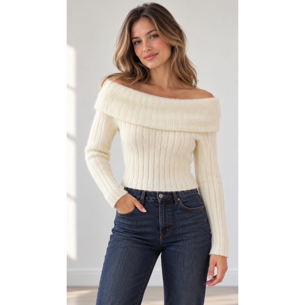 The Limited Mohair Blend Sweater M Ivory Off Shoulder Ribbed Airy Fuzzy Romantic